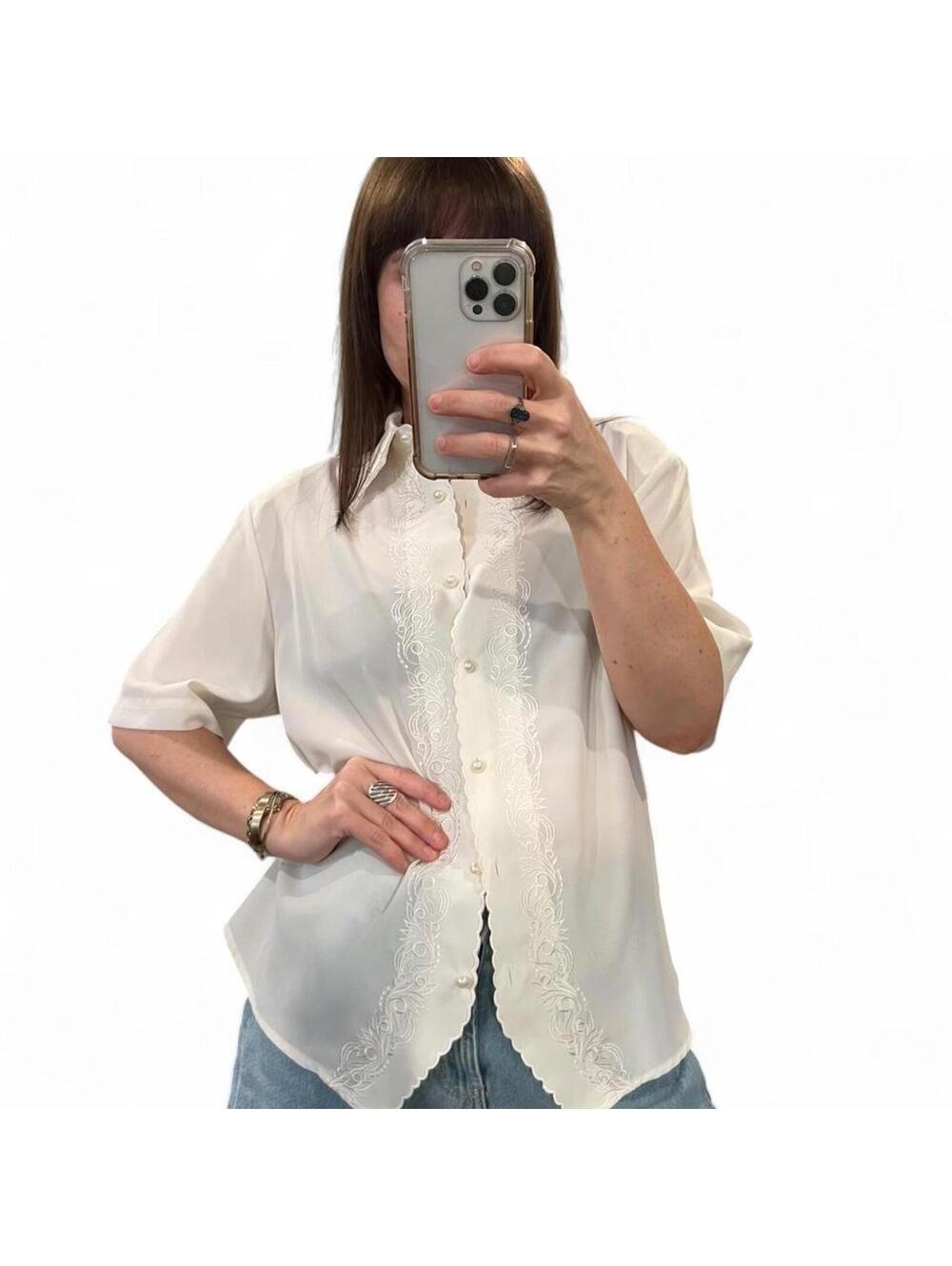 Vintage White Embroidered Blouse Cottagecore Prairie Button Up Top